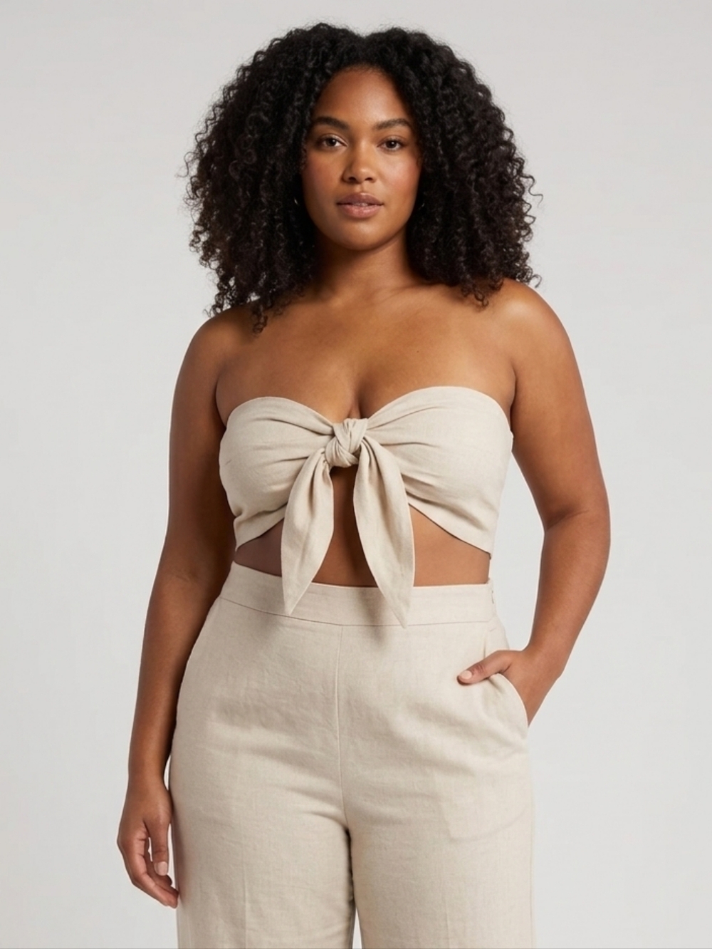 EXPRESS Linen-Blend Tie Front Bandeau Top Sand Shell Cream Shimmer Womens XL